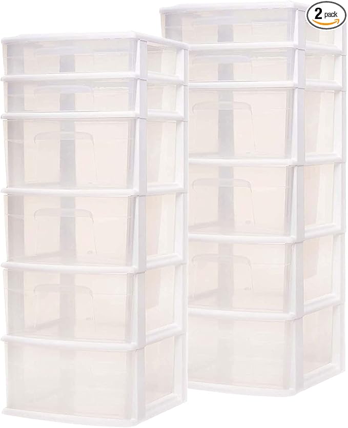 HOMZ 2-Pack Drawer Tower, 6-Tier Clear Plastic Storage Organizer Unit, White Frame - Multi-Purpose Container Drawers for Bedroom, Bathroom, and Office Organization