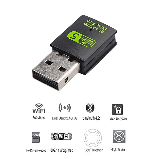 REDLUX USB WiFi Bluetooth Adapter, 600Mbps Dual Band 2.4/5GHz Wireless Network Card, USB WiFi Dongle for PC/Laptop/Desktop, Support Windows XP/7/8.1/10