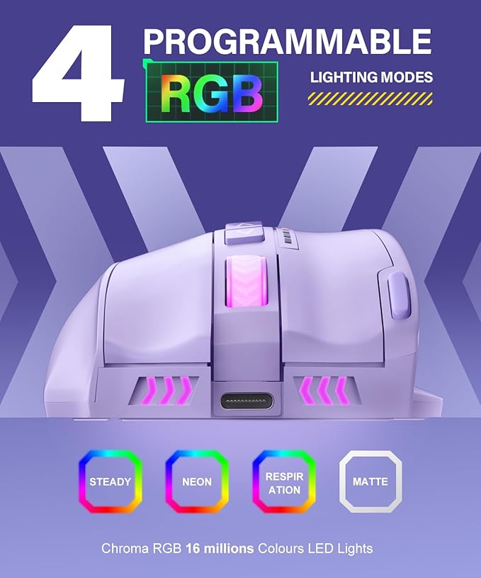 UtechSmart Venus Pro Wireless MMO Gaming Mouse, 16,000 DPI Optical Sensor, Wired/Wireless Dual Modes, 16M Chroma RGB Lighting, 16 Programmable Buttons, Ergonomic Design, Up to 70H, Purple