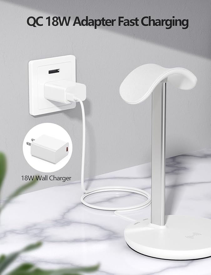 Miroddi Headphone Stand with Wireless Charger, Independent USB Charging Port, 5 in 1 Charging Station Headset Holder Rack for AirPods Max/Pro/4/3/2, iWatch, iPhone, Samsung and Desk Headphones, White