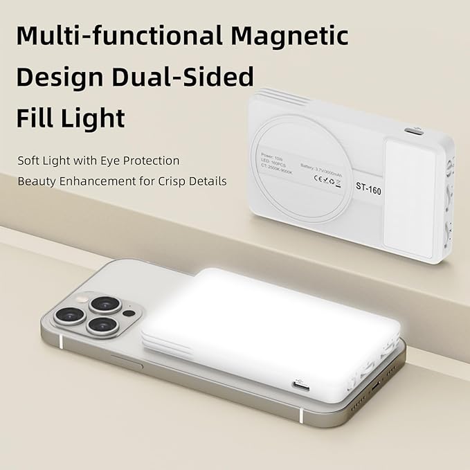 Magnetic Phone Light - 3 Color Temperature, 160 LED Selfie Light with Clip for Phone, Camera, Laptop, iPad, 3000mAh Portable Video Light for Tattoo/TikTok/Vlog/Zoom Calls/Makeup (White)