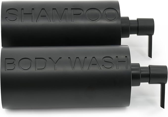 Matte Black Resin 2 Piece Shampoo and Body Wash Dispenser Set, Luxurious Refillable Pump Bottles with Matte Pump Top and Embossed Text, Durable Design for Bathroom and Shower