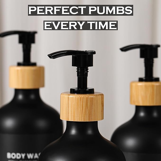 Shampoo and Conditioner Dispenser,16.9oz Set of 3 Plastic Refillable Shower Shampoo Dispenser with Bamboo Tray, Reusable Pump Bottles with Labels for Bathroom Décor(Black) (All Black)