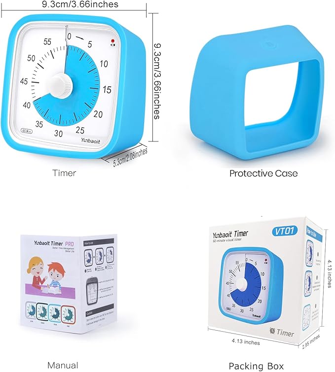 Yunbaoit Upgraded Visual Timer with Protective Case 60 Minute Countdown Timer for Kids with Low Power Indicator Light Clock Time Management Tool (Blue Blue)