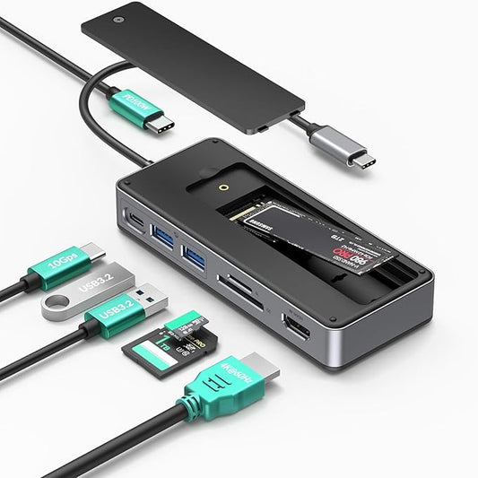 GiGimundo GM28P M.2 NVMe SSD Docking Station - 10Gbps Multi Ports Portable USB-C Hub, PD100W, HDMI 4K 60Hz, SD Card Reader, M.2 Dock for Laptop Mac, Black