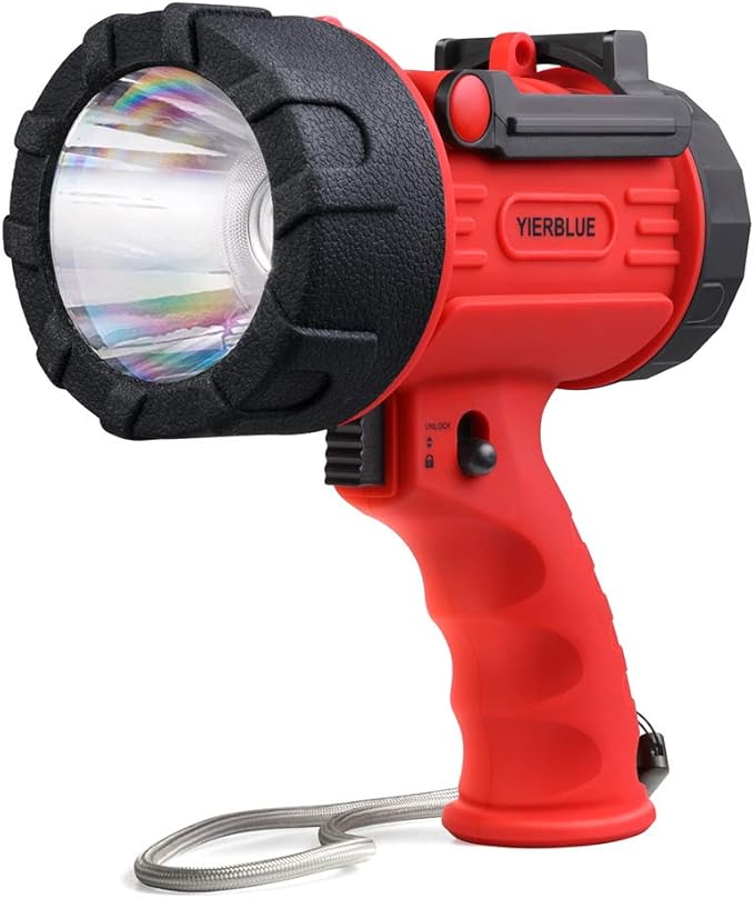 YIERBLUE Rechargeable Spotlight with Super High Lumen LED, IP67 Waterproof Handheld Flashlight Searchlight with Detachable Red Light Filter, Long Running
