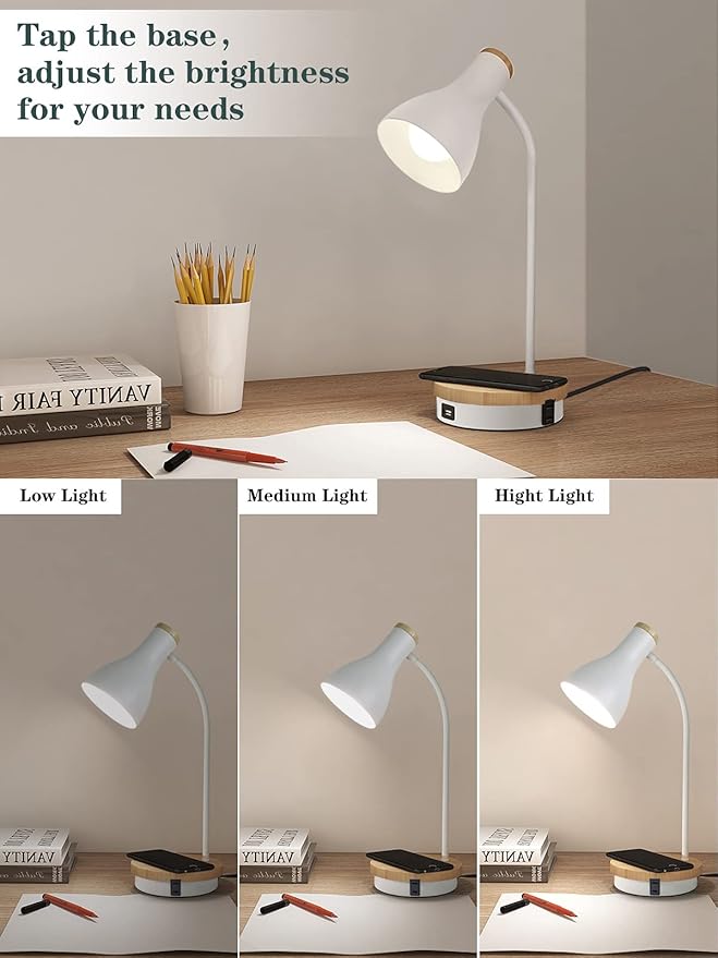 Metal Desk Lamp Wireless Charging Table Lamp Touch Reading Lights Arc Desk Lamps for Bedroom, 3 Way Dimmable Bedside Lamp with USB Charging Ports Lamp for Study Room and Office (White)