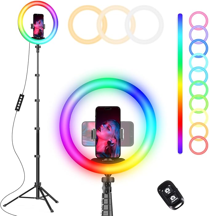 UBeesize 12” RGB Selfie Ring Light with 62” Extendable Tripod Stand & Remote, LED Light with Phone Holder for Video Recording/Makeup/Content Creator (YouTube/TikTok/Twitch), Phone, Camera & Webcam