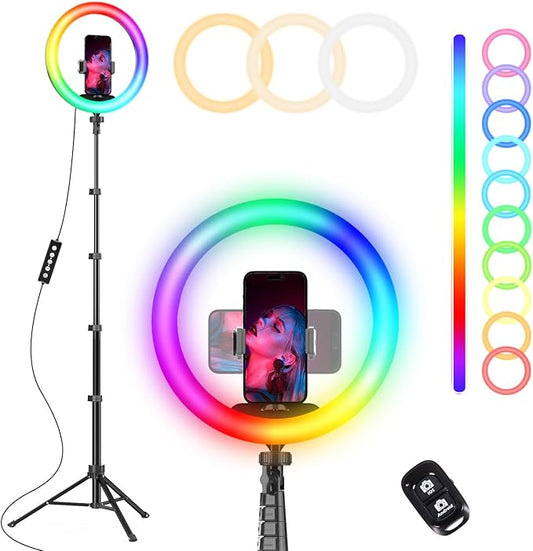 UBeesize 12” RGB Selfie Ring Light with 62” Extendable Tripod Stand & Remote, LED Light with Phone Holder for Video Recording/Makeup/Content Creator (YouTube/TikTok/Twitch), Phone, Camera & Webcam