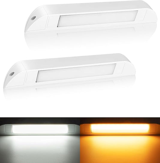 10" RV & Marine Boat LED Awning Porch Utility Light Fixture, 40° Down Angle, Amber/White Beam Super Bright, 12V/24V DC, Waterproof IP67, Plastic Housing White Finish, 2-Pack