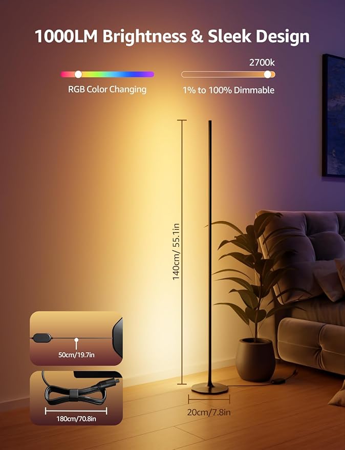 Lepro OE1 AI Floor Lamps for Living Room, Smart LED Corner Lamp with RGBW Color Changing, Alexa Compatible, Music Sync, DIY modes, 1000LM, Modern Standing Lights for Bedroom, No Remote, 2.4G WiFi Only