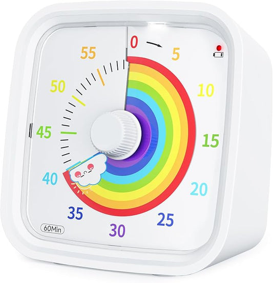 Yunbaoit Visual Timer with Protective Case, Rainbow Disk 60 Minute Countdown Timer for Kids and Adults, Silent Time Management Tool(White)