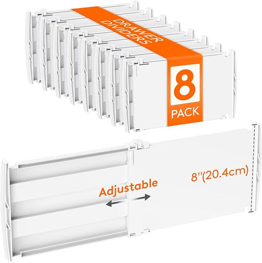 Lifewit 8" High 8 Pack Deep Drawer Dividers, 13.8-22.5" Adjustable Dresser Drawer Divider, White Drawer Organizer for Clothes, Tall Drawers Separators for Dresser, Kitchen, Bedroom, Cabinet, Office