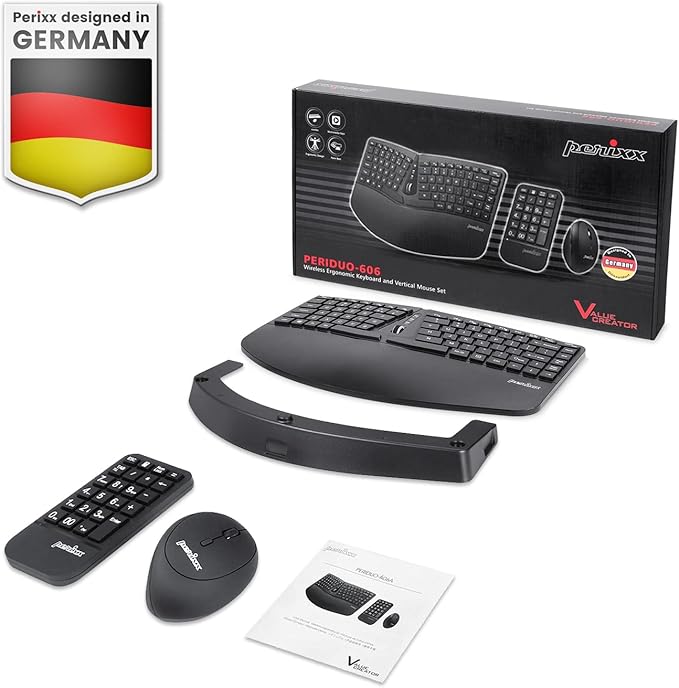 Perixx PERIDUO-606A, 3-in-1 Wireless Compact Ergonomic Keyboard with Vertical Mouse and Numeric Keypad - Adjustable Palm Rest - Tilt Wheel - Membrane Low Profile Keys - US English