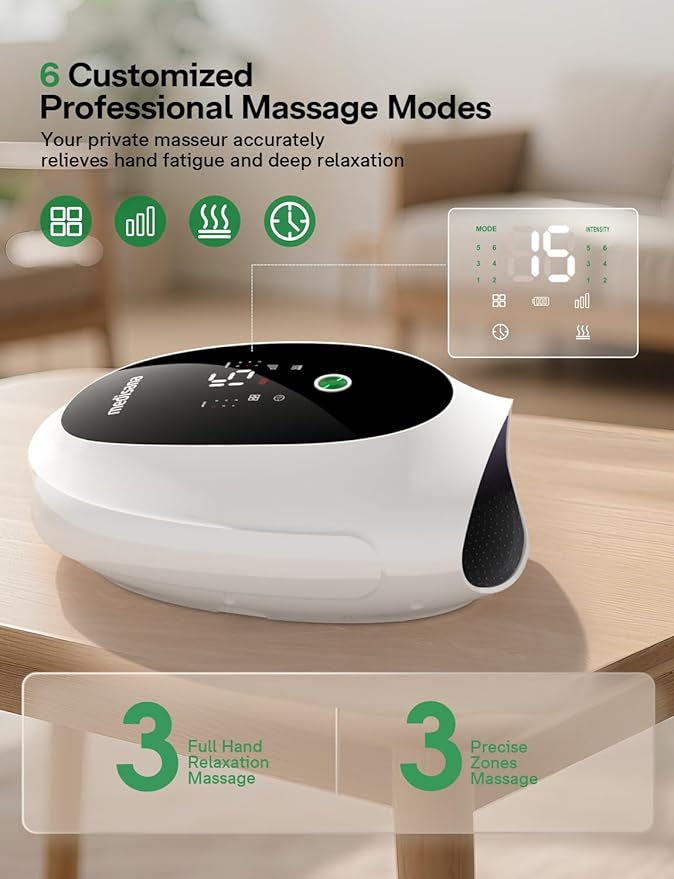 Hand Massager for Arthritis and Carpal Tunnel, 6 Modes 6 Intensities Hand Massager with Heat and Compression, Large LCD Display Full Hand & Wrist Massager, Gift for Women/Men, Office & Home Use