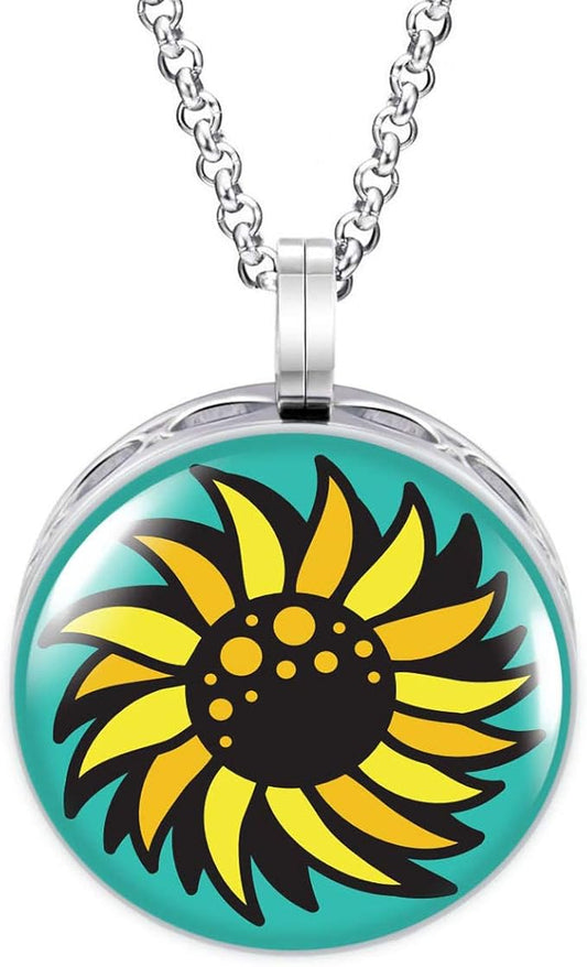 Wild Essentials Sunflower Enamel Finish Essential Oil Diffuser Necklace Gift Set - Includes Aromatherapy Pendant, 24" Stainless Steel Chain, 8 Color Refill Pads