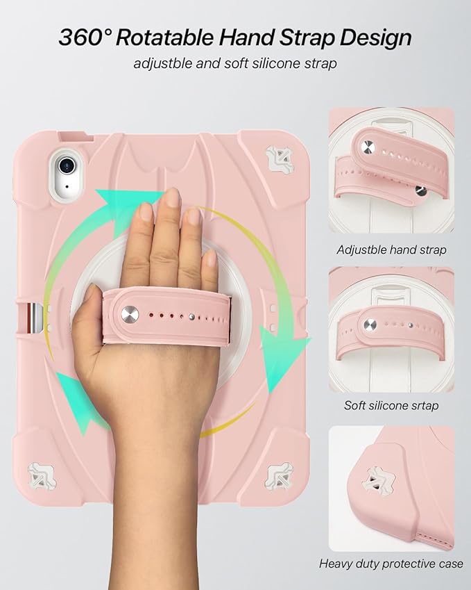 for iPad(A16) 11 inch 2025 case/10.9 inch iPad 10th Generation Case, Heavty Duty Shockproof Full Protective Case with Screen Protector and Rotatable Hand Strap, Shoulder Strap (Light Pink)