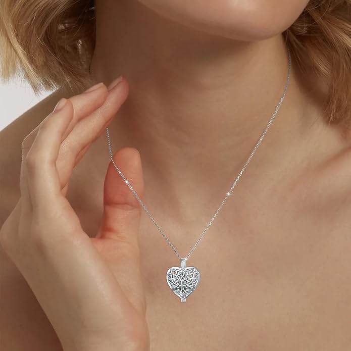 DAOCHONG S925 Sterling Silver Aromatherapy Essential Oil Diffuser Necklace Love Heart Locket Perfume Pendant Necklace Jewelry 18+2" Adjustable Chain