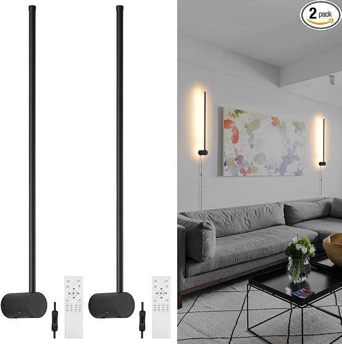 Dimmable Plug in Wall Sconce Set of 2, Black 23.6" LED Wall Light with Remote, Adjustable Color Temperature Brightness Wall lamp with Timer for Living Room,Bedroom and Accent Lighting