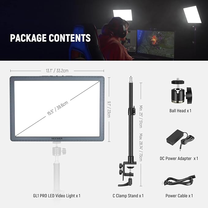 NEEWER GL1 PRO 15.5" Key Light for Streaming, Video Lighting with 2.4G PC/Mac iOS/Android APP Control, 2800LM LED Panel Light with Desk Clamp Compatible with Elgato Stream Deck for Gaming Zoom, Gray