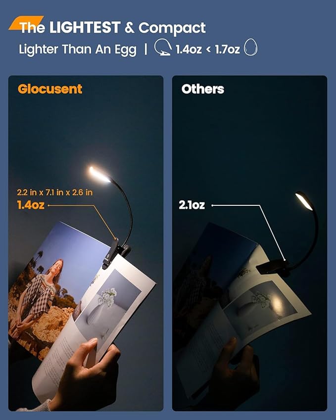 Glocusent Willow Book Light for Reading in Bed, 10LED Bright Reading Light, 3 Colors & 3 Brightness, Rechargeable Book Light Lasts for 80hr, Lightweight Clip on Book Light, Perfect for Book Lovers