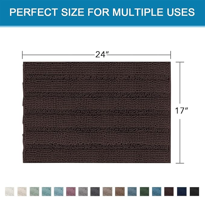 H.VERSAILTEX Bathroom Rugs Bath Rugs for Bathroom Non Slip Bath Mats Extra Thick Chenille Striped Rug 17" x 24" Absorbent Soft Shaggy Washable Dry Fast Bath Mats for Bath Room Floor - Chocolate