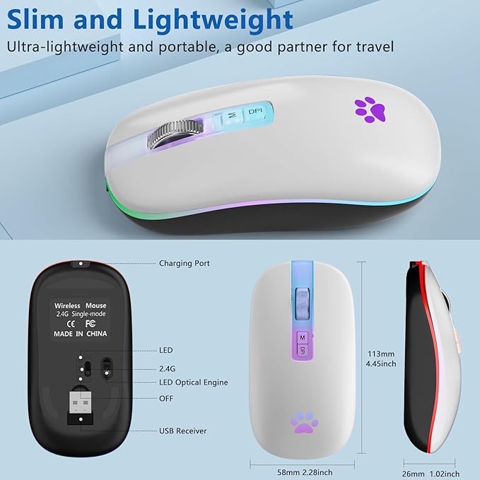 KARFUN Wireless Mouse, Backlit LED Portable Slim Laptop, PC, MacBook, iPad, Chromebook, Notebook 2.4G Rechargeable Wireless Mouse (Ivory White)