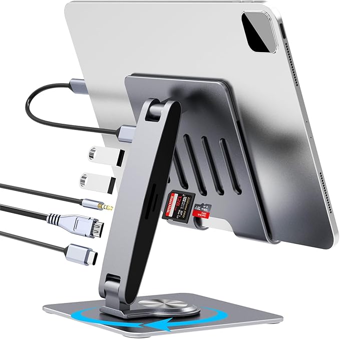Adjustable Tablet Stand with USBC Hub 7-in-1, Aluminum Tablet Holder with Docking Station, 360° Swivel Base, 4K HDMI, 100W PD Charging, USB 3.0, SD/TF Reader, 3.5mm Audio, for iPad with USB-C Port