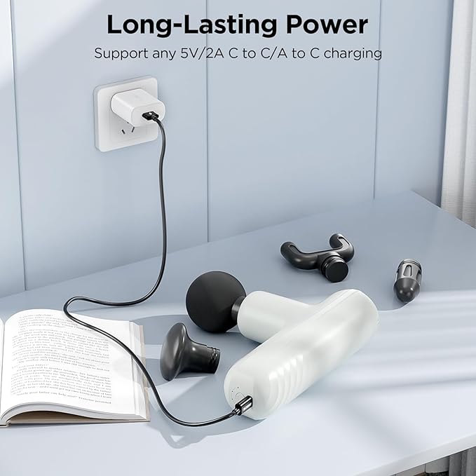 Mini Massage Gun, Powerful Handheld Muscle Massager for Back Pain Relief, Deep Tissue Percussion Small Massage Gun Travel Massager with 4 Massage Heads Silent Brushless Motor, White