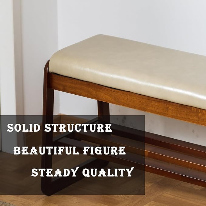 latifolia Solid Wood Bench, Entryway Shoe Bench with Cushion, 2 Tier Shoe Storage Organizer for Hallway, Living Room(Grey,21.65''L)