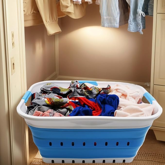 SAMMART 42L (11 gallon) Collapsible Plastic Laundry Basket - Foldable Pop Up Storage Container/Organizer - Portable Basket - Space Saving Hamper/Basket (2, White/Marine Blue)