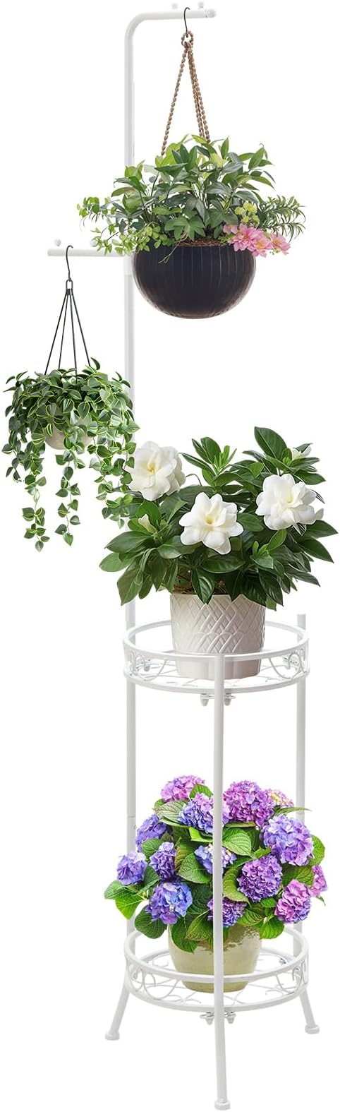 Adjustable Metal 4 Potted Flower Pot Plant Stands - 2 Tier 72 inch Tall Indoor Outdoor Heavy Duty Plant Shelf with Hangers - Perfect for Living Room Corner and Patio (White)
