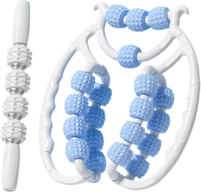 Colaxi 20 Wheels Massage Roller with Massage Stick Portable Multipurpose Flexible Handheld Roller for Back Shoulders Legs Thigh Arms, Blue