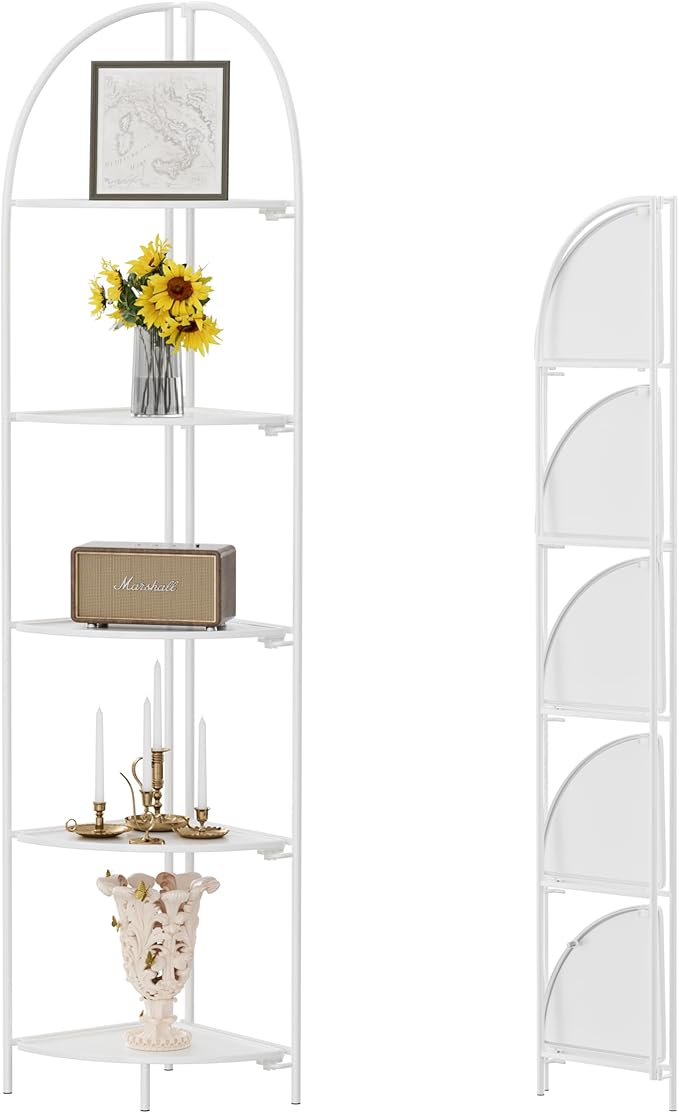 Crofy Foldable 5 Tier Corner Shelf, Metal Corner Plant Stand with White Frame and White Shelves, Corner Display Rack Multipurpose Shelving Unit for Living Room, Bedroom, Bathroom