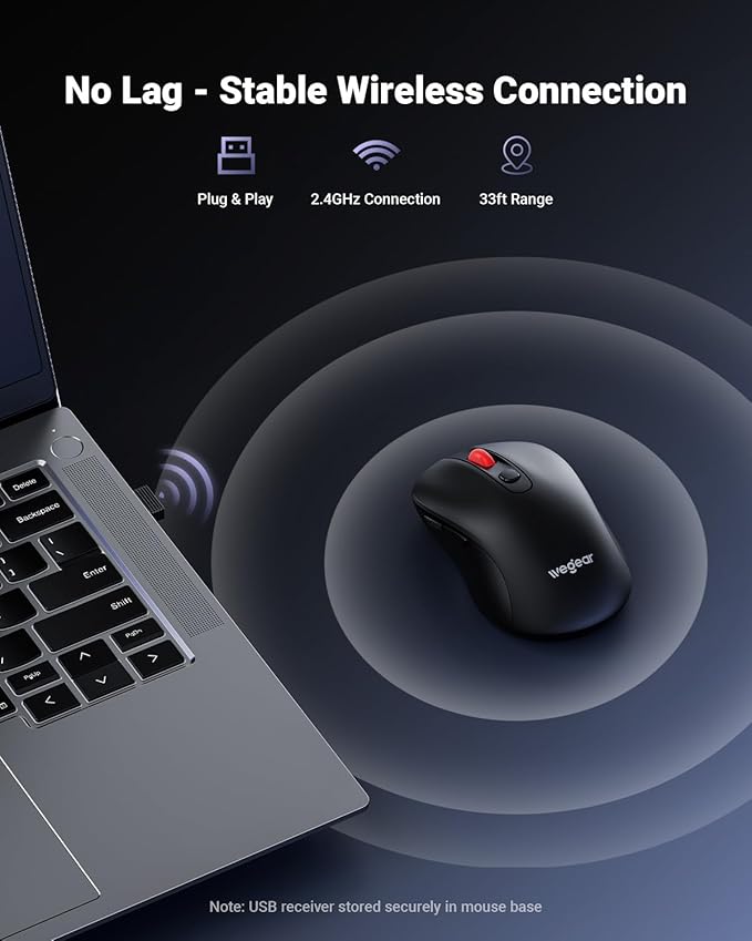 USB Wireless Mouse for Laptop PC Mac, 2.4GHz Cordless Mouse with 6 Buttons, 5-Level Adjustable 4000 DPI, Ergonomic Portable Optical Computer Mice, 24-Month Battery Life -Black