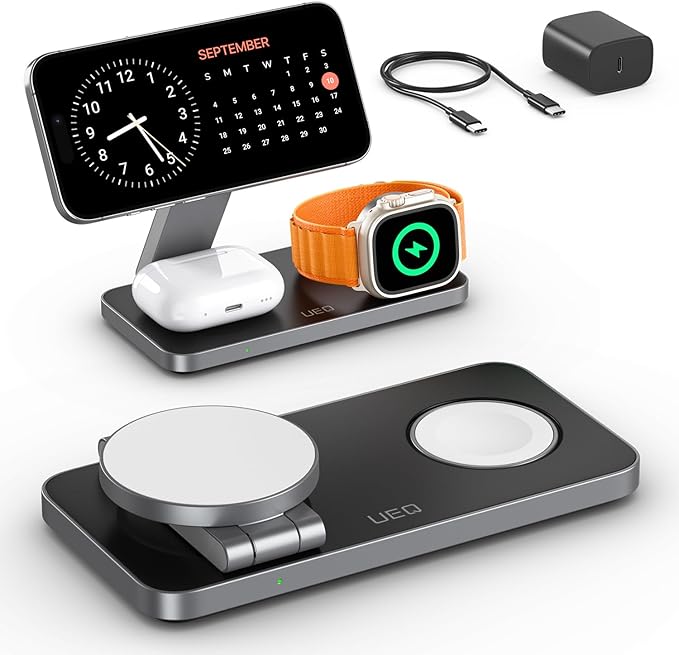 Foldable 3 in 1 Wireless Charging Station for Apple Compatible with Magsafe Charger Stand,Magnetic Wireless Charger Station for iPhone 17 Air16 15 14 13 12 Series,Airpods Pro,Apple Watch(Black)