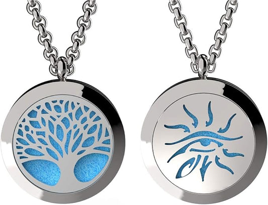 Tree of Life and Wisdom Eye Essential Oil Diffuser Necklace Stainless Steel Pendants with 24" Chains + 12 Refill Pads