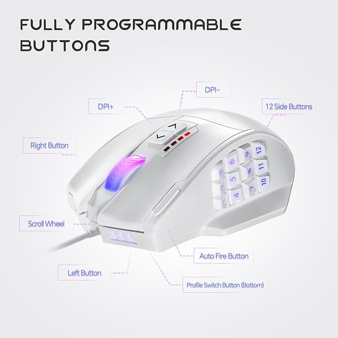 UtechSmart Venus Gaming Mouse RGB Wired, 16400 DPI High Precision Laser Programmable LED MMO Computer Gaming Mice with 12 Side Buttons