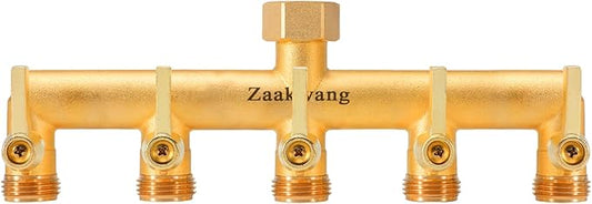 Heavy Duty 5 - Way Garden Hose Splitter, 3/4” Hose Manifold, Outdoor Hose Adapter Connector with 5 Metal Extra Long Handle Metal Faucet Adaptor