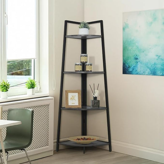 CAPHAUS Tall Corner Shelf Stand, 4-Tier Display Shelves, Ladder Corner Wood Storage Plant Bookshelf with Metal Frame, Versatile Shelving Unit Bookcase for Home Office Space, Dark Grey