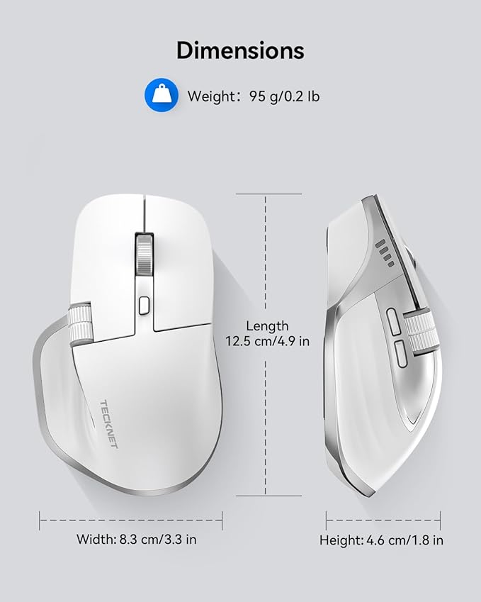 TECKNET Wireless Mouse, Bluetooth Mouse (BT5.0/5.0 & 2.4G) Rechargeable 4800 DPI Ergonomic Optical Mouse with 6 Adjustable, Quiet Clicks, USB A Receiver, 7 Buttons, Wide Compatibility - White