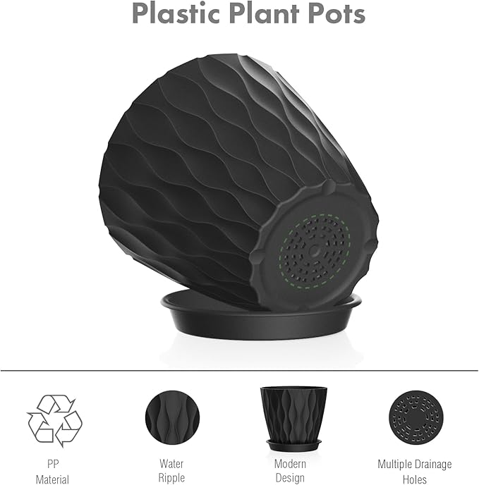 4 inch Small Plastic Nursery Pots, Seedling Pots, 5 Set Water Ripples Plant Pots for Indoor Plants, Flower Pots with Drainage Holes and Saucers, Seed Starter Pots for Succulent Plants, Black
