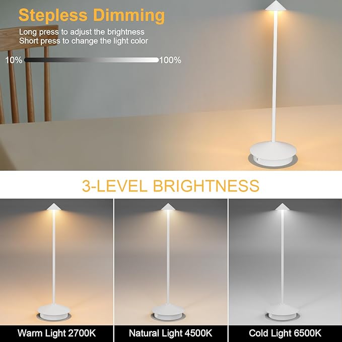 2-Pack 6000mAh Rechargeable Led Table Lamp Cordless,3000K-6000K Stepless Dimming Touch Lamps with Memory Function,IP54 Waterproof Aluminum Table Light for Outdoor/Bars/Restaurant/Patio(White)