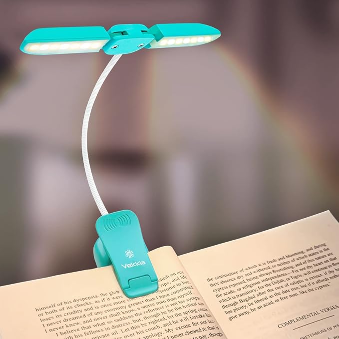 Vekkia 14 LED Rechargeable Book Light for Reading at Night, Eye-Care Reading Light for Books in Bed, 180° Adjustable, Clip on Lamp, 3 Color Temperatures, Lightweight, Present for Reader