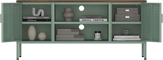 Manhattan Comfort Landen 47" Modern Metal TV Stand with Storage Cabinets & Open Shelves, Holds Up to 40" Screen, TV Console with Natural Wood Top, Cable Management, Adjustable Legs, Green