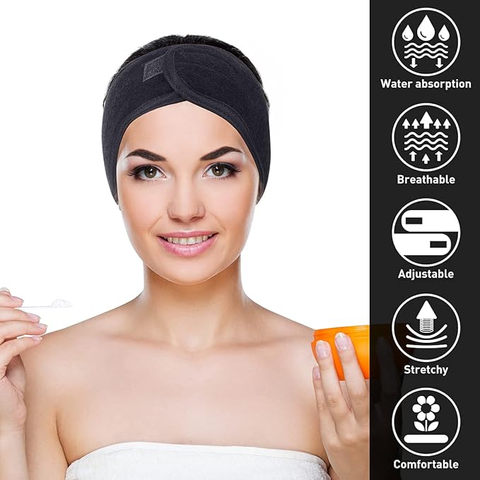 Denfany Spa Headband - Deluxe Face Wash Headband, Comfortable, Adjustable and Machine-Washable, Ideal for Showering, Makeup and Exercise (Black 3 Pack)