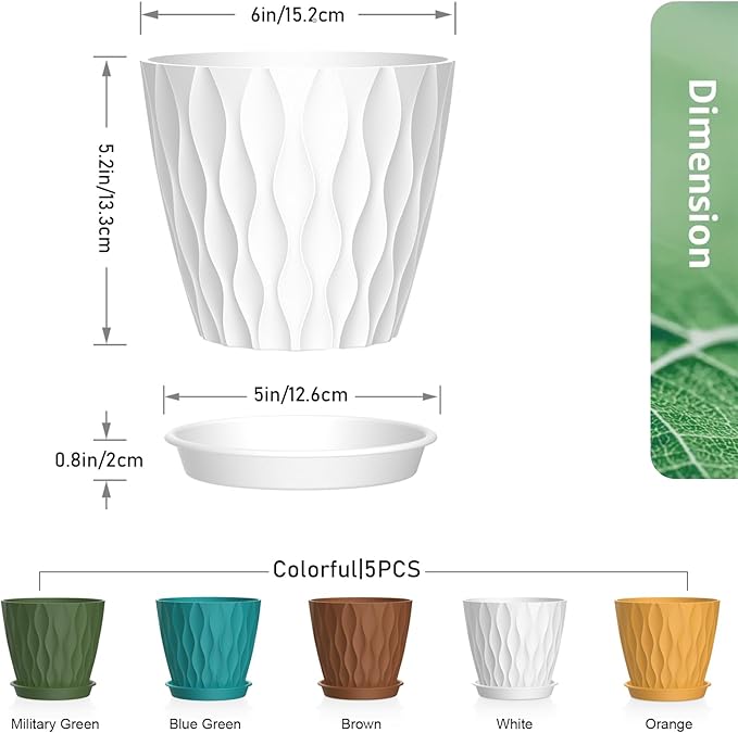6 inch Plant Pots, 5 Pack Water Ripple Flower Pots for Indoor Outdoor Plants, Plastic Planters with Drainage Holes and Saucers, Nursery Pots for Small Succulent Garden House Plants, Multicolor