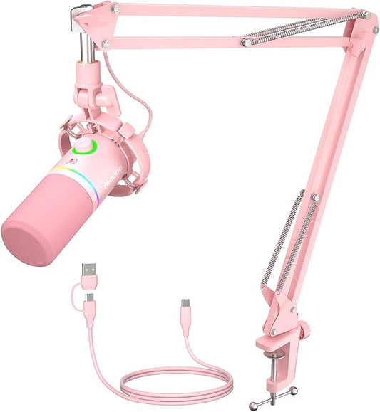 MAONO XLR/USB Dynamic Microphone Kit, RGB Gaming Mic with Software, Mute, Gain Knob, Volume Control, Boom Arm for Streaming, Podcasting, Voice-Over, Recording-PD200XS Pink