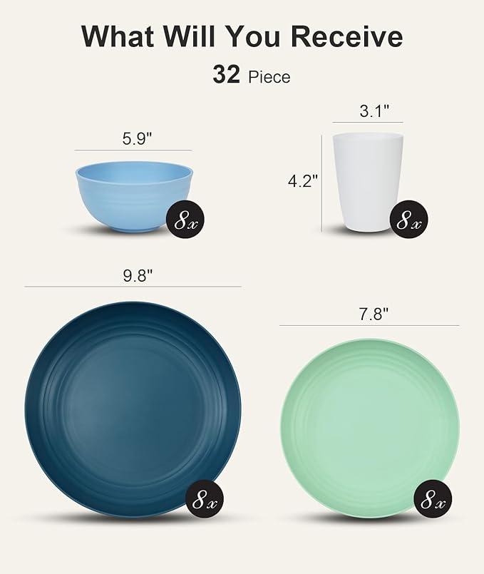 Quatish 32 Piece Plates and Bowls Sets for 8, Unbreakable Dinnerware Sets, Plastic Dish Set for Camping, Dishwasher & Microwave Safe, Outdoor Kitchen and Apartment Dinning RV Essentials, Blue