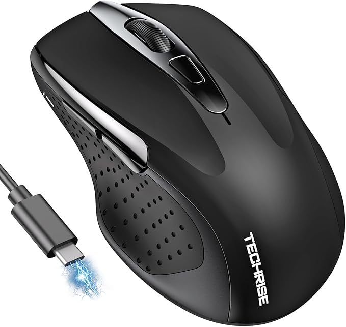 TechRise Bluetooth Mouse (BT5.0/3.0 & 2.4G) Rechargeable Wireless Mouse, 4800 DPI Optical Tracking, 6 Adjustable DPI, 2.4GHz with USB A Receiver, Quiet Clicks, Ergonomic Grips, 6 Buttons - Black
